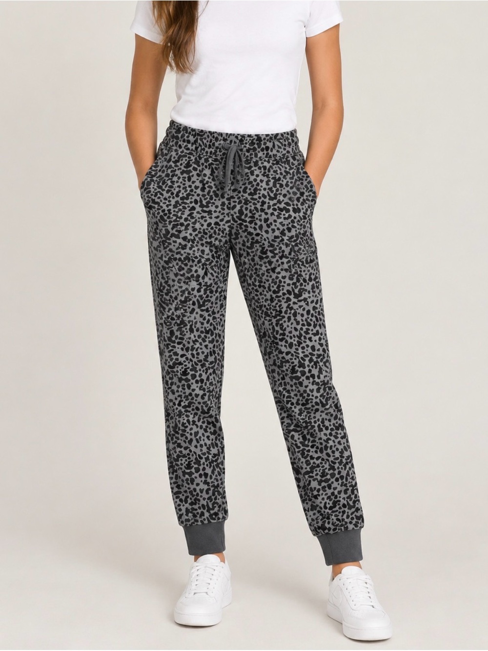Women's Gray Leopard Print Jogger Pants - Drawstring Waist